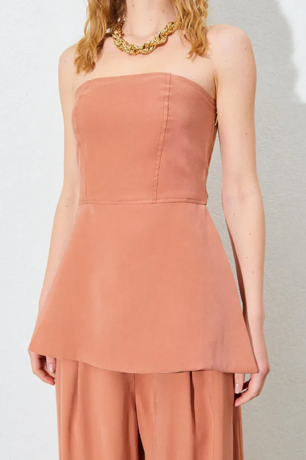 Kadın Kiremit Straplez Bluzlu Palazzo Pantolonlu Takım