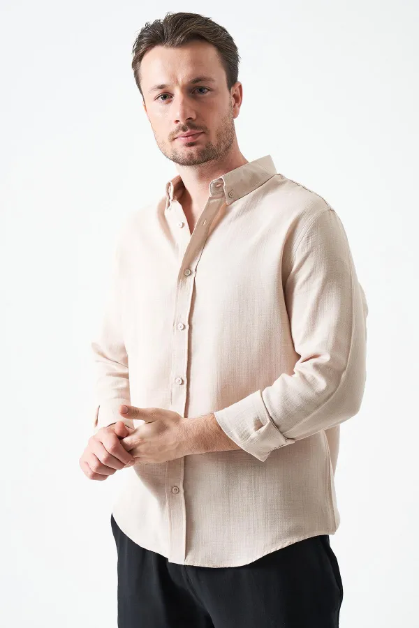 Erkek Bej Uzun Kol Regular Basic Müslin Gömlek