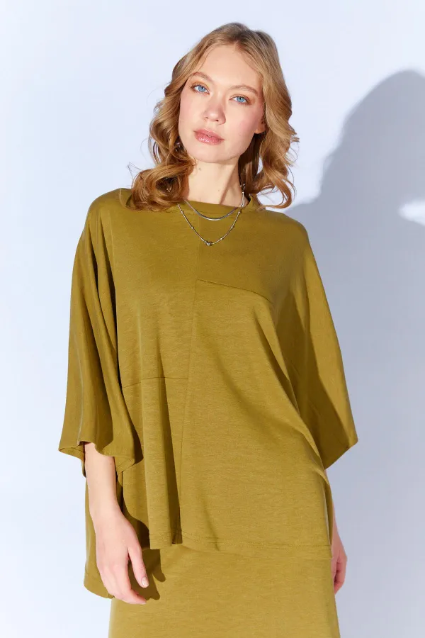 Kadın Yağ Yeşili 172 Düşük Kol Bluzlu Uzun Pike Modal Etekli Takım