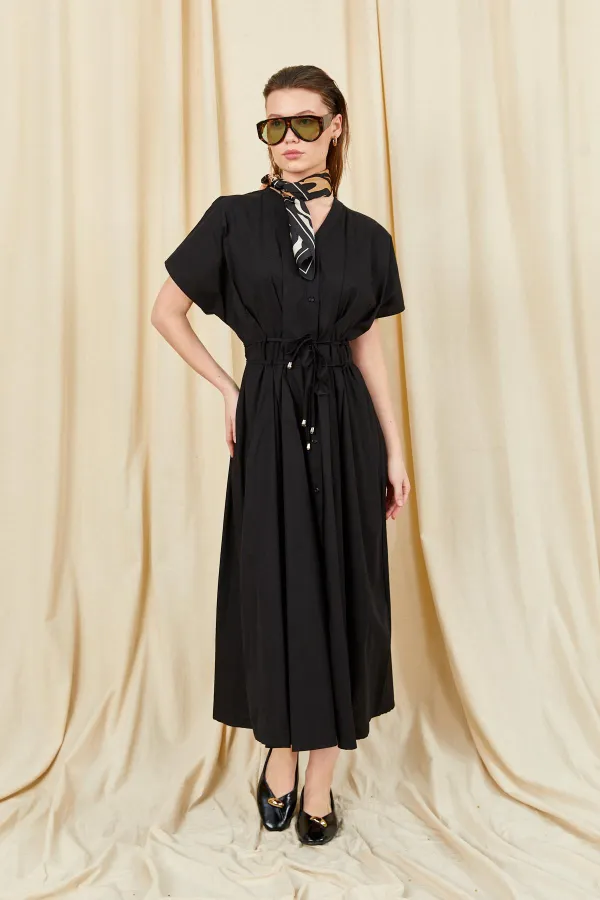 Kadın Siyah 199 Düşük Kol Pile Detaylı Önü Düğmeli Poplin Elbise