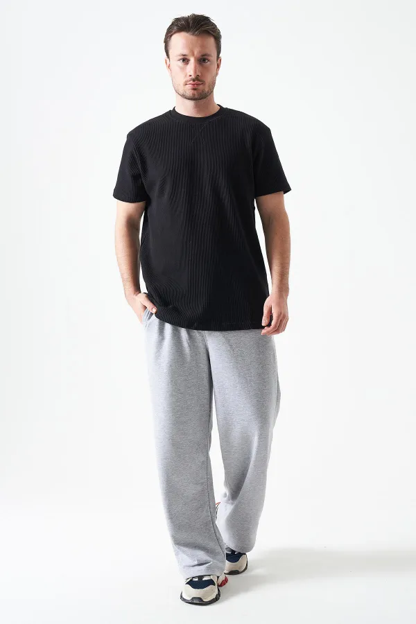 Erkek Siyah Bisiklet Yaka Önü Karyola Waffle Basic Tişört