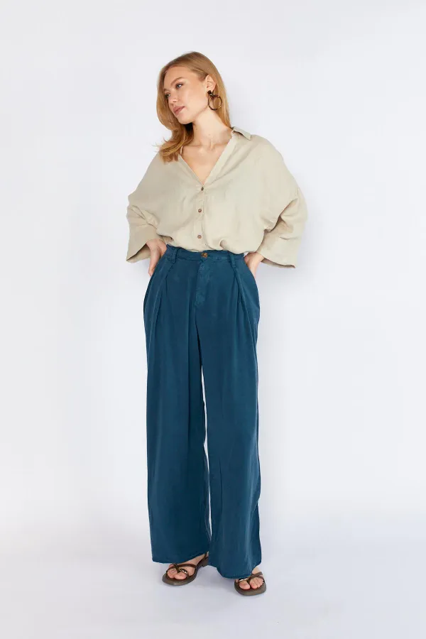 Women's Navy Blue YP5115 Double Pleated Wide Leg Tencel Trousers
