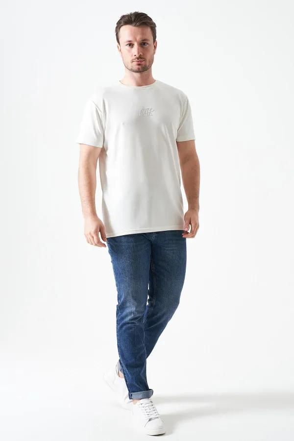 Erkek Ekru Bisiklet Yaka ORİGAMİ AYI  Baskılı Modal Tişört