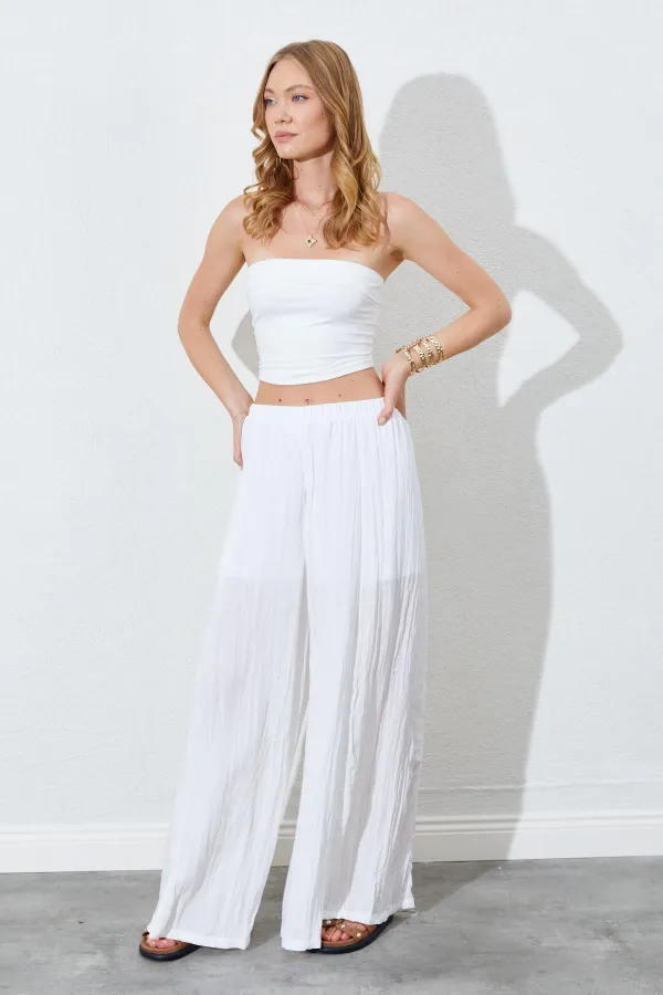 Kadın Ekru Beli Lastikli Bol Paça Kırışık Pantolon