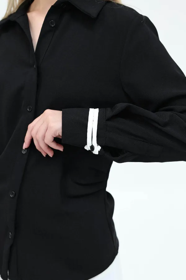 Kadın Siyah Büzgü Detaylı Crep Gömlek