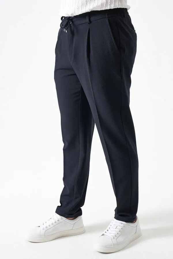 Erkek V002-Lacivert Yandan Lastikli Keten Efektli Tristan Dokuma Tek Pileli Duble Paça Pantolon