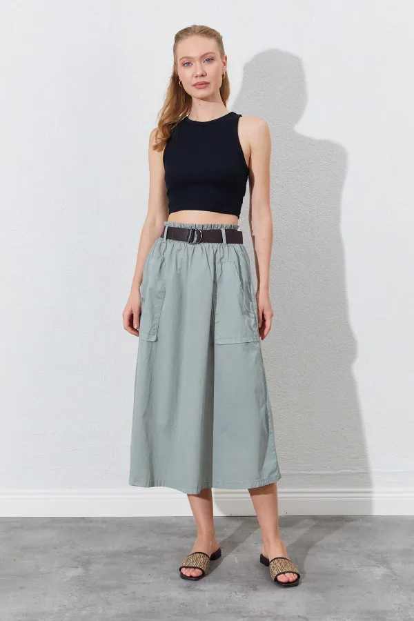 Kadın Haki Palaska Kemerli Önü Cepli Gabardin Etek