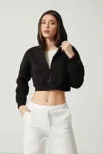 Women's Basic Zip-Up Hooded Crop Sweatshirt with Thick Fleece Lining
