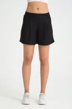 Kadın Beli Lastikli Cepli Pileli  Kısa Rahat Kesim Krep Şort