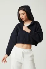 Women's Basic Zip-Up Hooded Crop Sweatshirt with Thick Fleece Lining