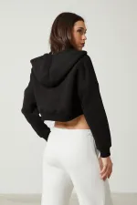 Women's Basic Zip-Up Hooded Crop Sweatshirt with Thick Fleece Lining