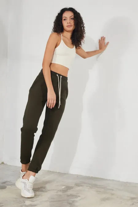 Pantalon de jogging épais en molleton brossé 3 fils pour femme, avec poignets élastiqués