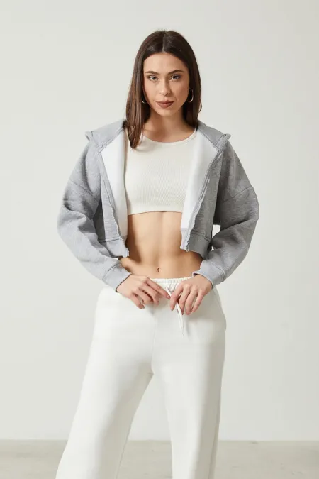 Women's Basic Zip-Up Hooded Crop Sweatshirt with Thick Fleece Lining