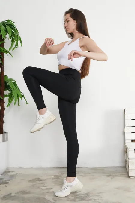 Leggings taille haute en tissu scuba noir pour femme avec ceinture épaisse