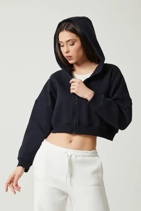 Women's Basic Zip-Up Hooded Crop Sweatshirt with Thick Fleece Lining