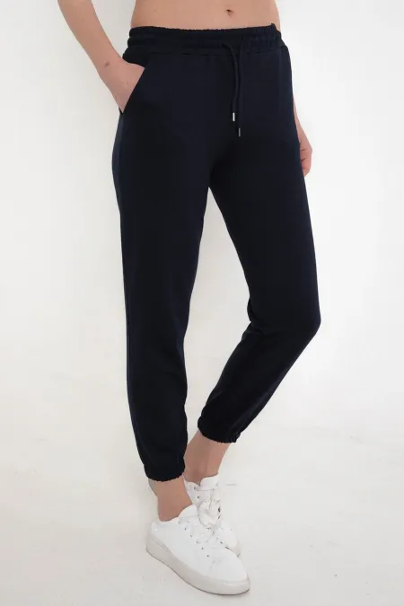 Pantalon de survêtement bleu marine pour femme, avec taille et chevilles élastiques