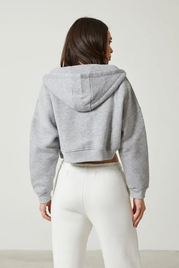 Women's Basic Zip-Up Hooded Crop Sweatshirt with Thick Fleece Lining