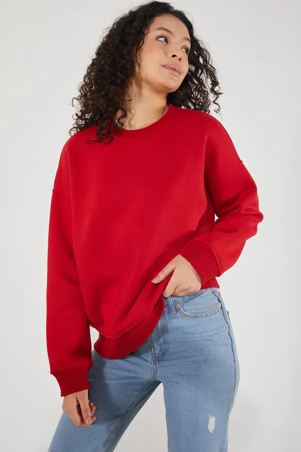 Women's Crew Neck Long Sleeve Basic 3-Thread Brushed Sweatshirt