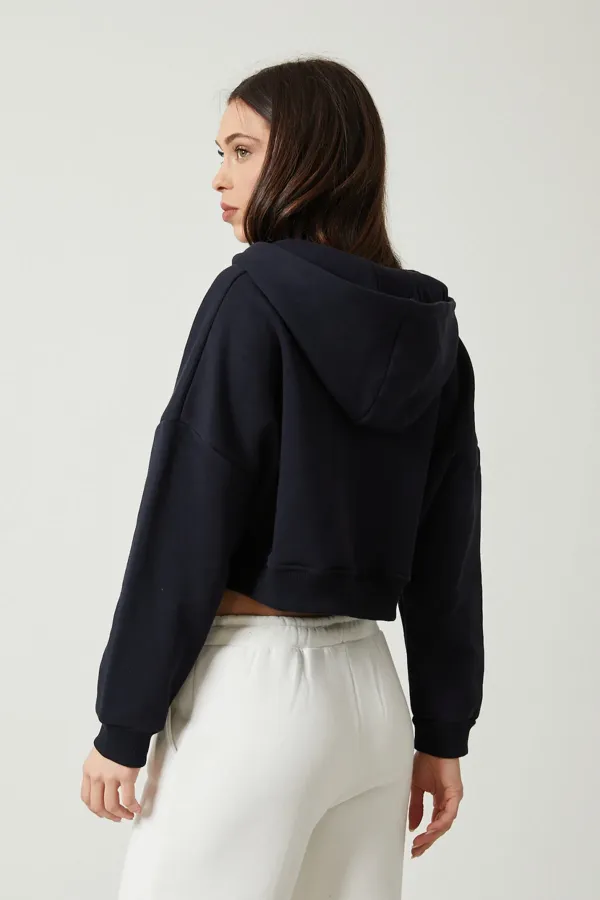 Women's Basic Zip-Up Hooded Crop Sweatshirt with Thick Fleece Lining