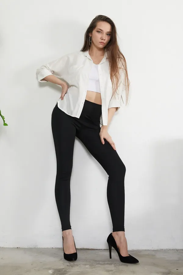 Leggings taille haute en tissu scuba noir pour femme avec ceinture épaisse