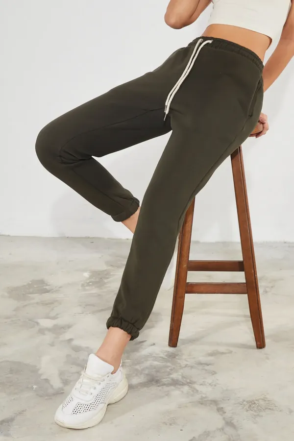 Pantalon de jogging épais en molleton brossé 3 fils pour femme, avec poignets élastiqués