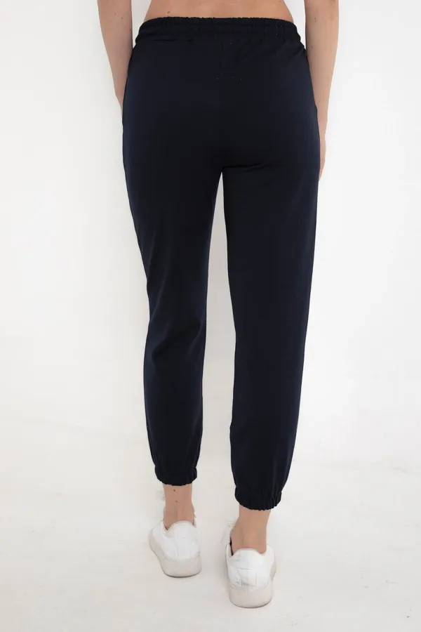 Pantalon de survêtement bleu marine pour femme, avec taille et chevilles élastiques