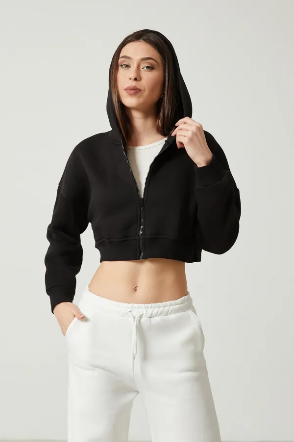 Women's Basic Zip-Up Hooded Crop Sweatshirt with Thick Fleece Lining