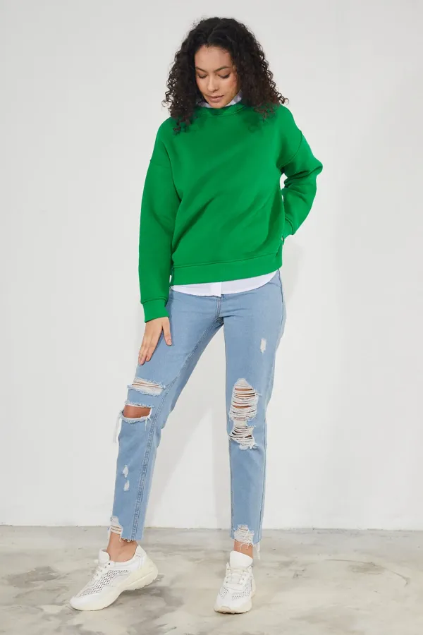 Women's Crew Neck Long Sleeve Basic 3-Thread Brushed Sweatshirt