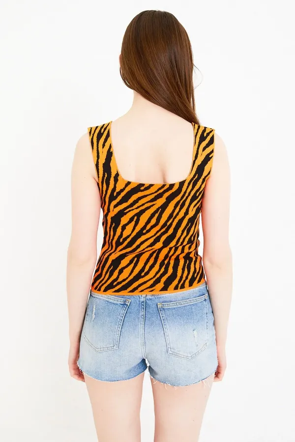 Débardeur court en maille à bretelles épaisses, motif zèbre jacquard pour femme