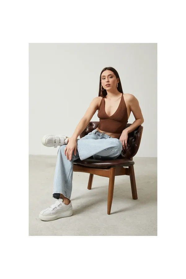 2D2BW Kadın Super Crop Sırt Detaylı Triko Büstiyer Bluz