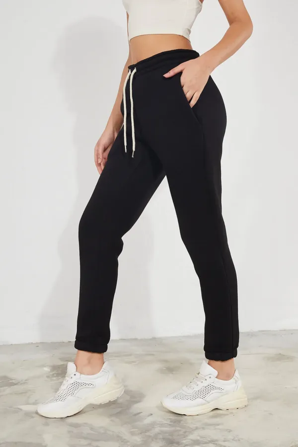 Pantalon de jogging épais en molleton brossé 3 fils pour femme, avec poignets élastiqués