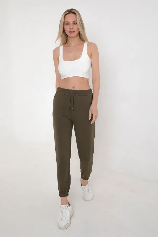 Pantalon de survêtement kaki pour femme avec taille et chevilles élastiques