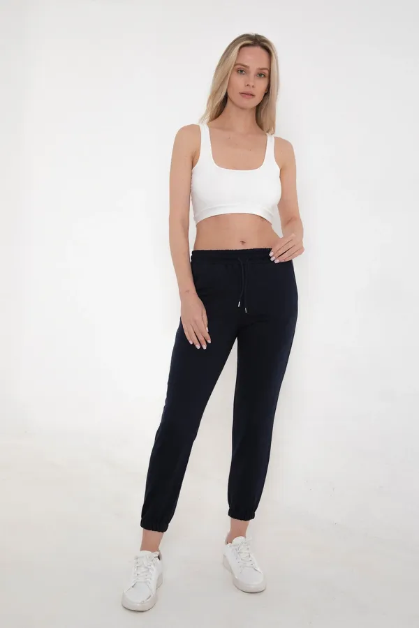Pantalon de survêtement bleu marine pour femme, avec taille et chevilles élastiques