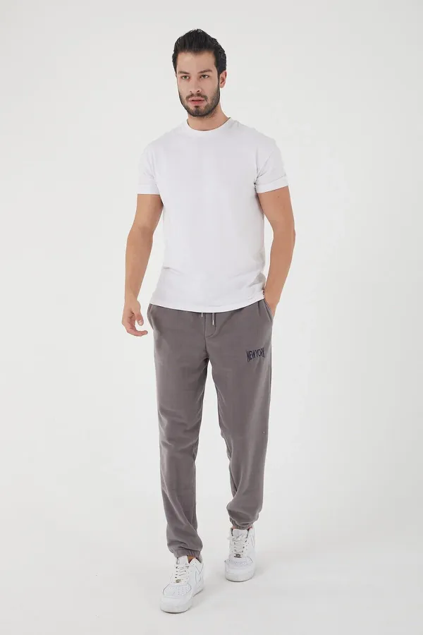 Grey Men's Regular Fit Sweatpants with Embroidered Elastic Cuffs and Pockets, Fleece