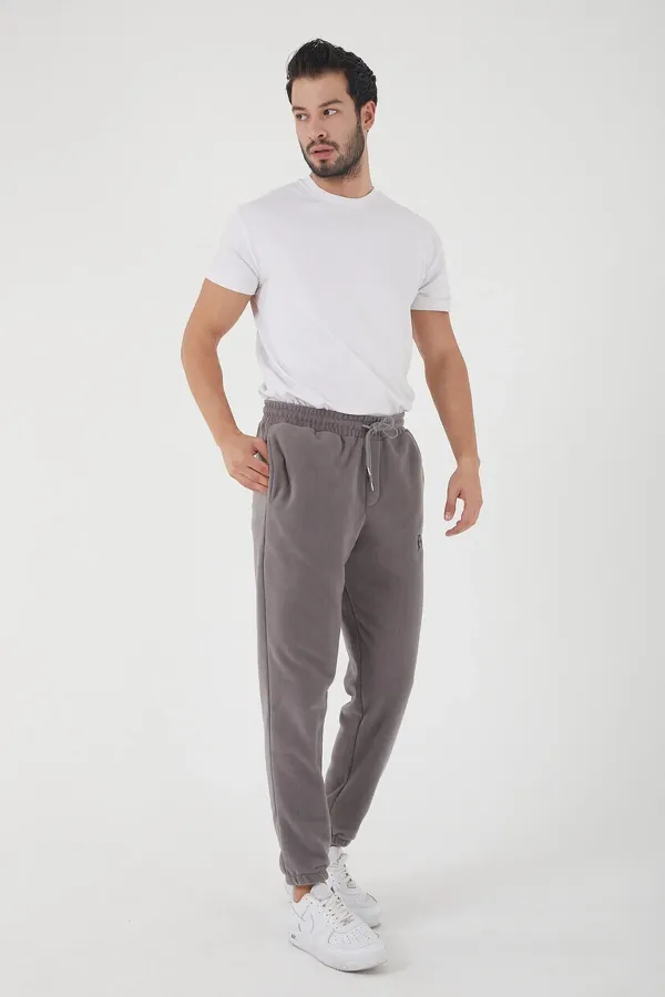 Grey Men's Regular Fit Sweatpants with Embroidered Elastic Cuffs and Pockets, Fleece