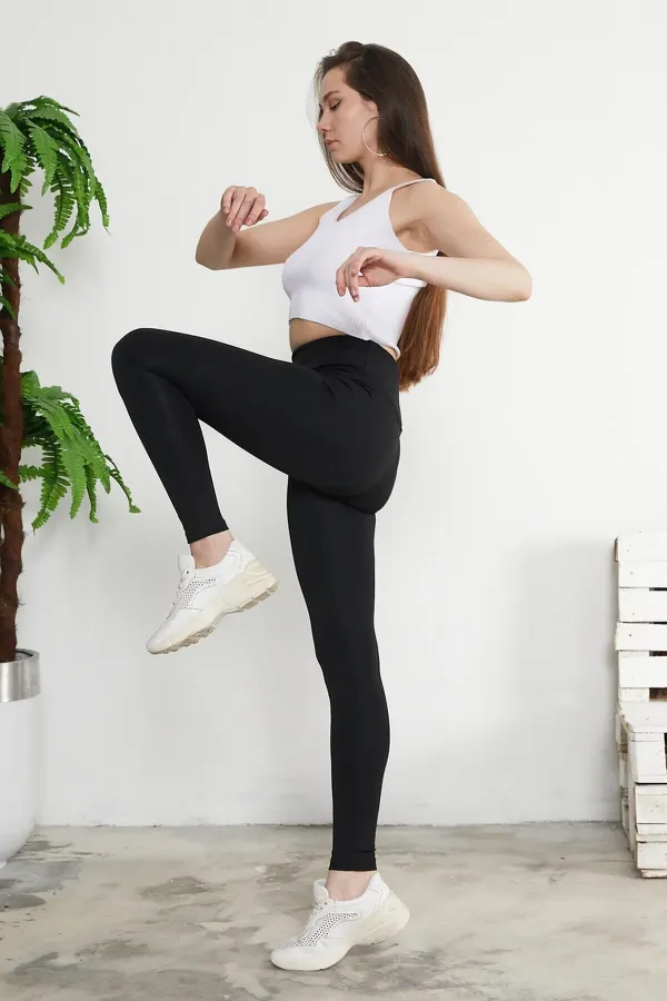 Leggings taille haute en tissu scuba noir pour femme avec ceinture épaisse