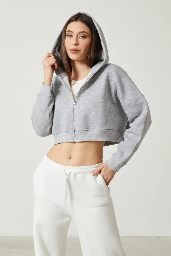 Women's Basic Zip-Up Hooded Crop Sweatshirt with Thick Fleece Lining