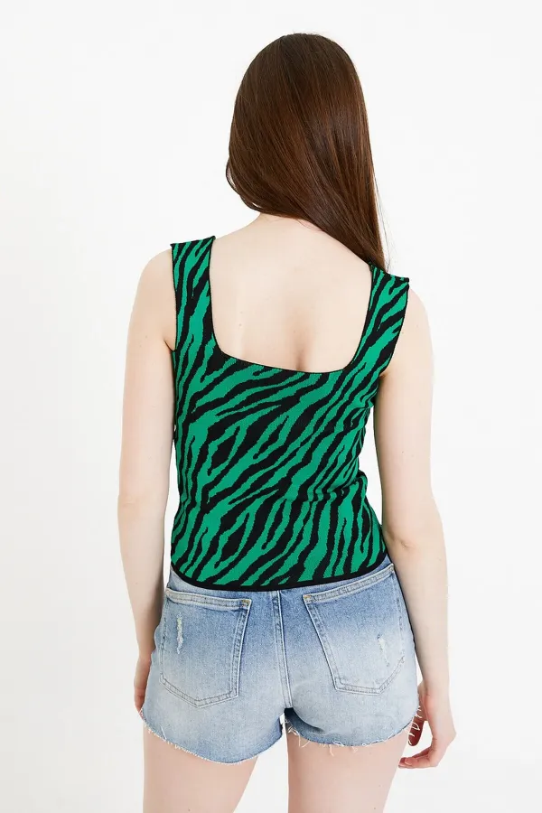 Débardeur court en maille à bretelles épaisses, motif zèbre jacquard pour femme