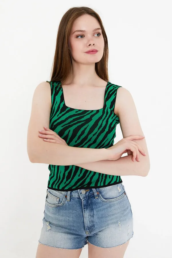 Débardeur court en maille à bretelles épaisses, motif zèbre jacquard pour femme