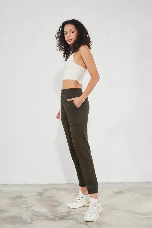 Pantalon de jogging épais en molleton brossé 3 fils pour femme, avec poignets élastiqués