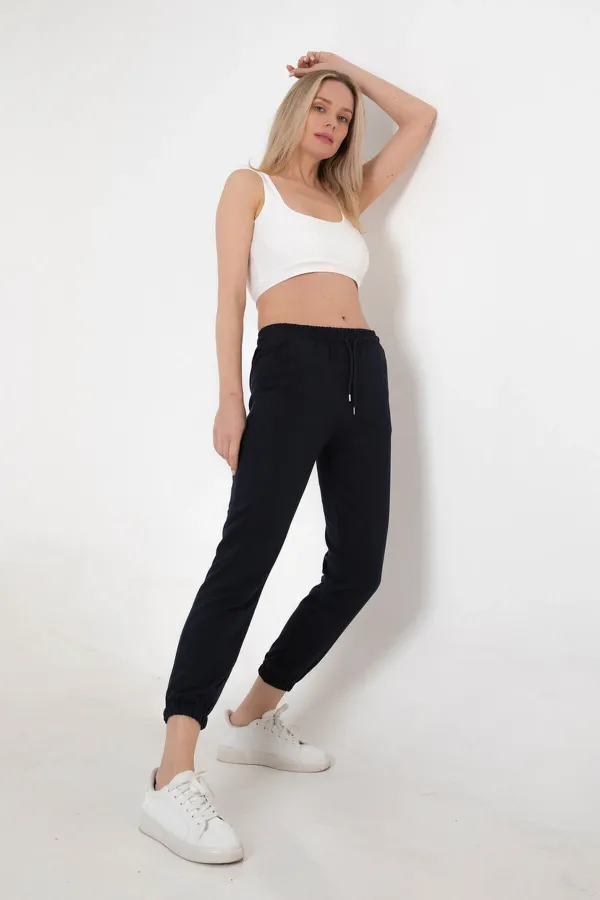 Pantalon de survêtement bleu marine pour femme, avec taille et chevilles élastiques