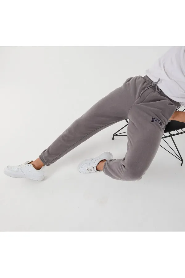 Grey Men's Regular Fit Sweatpants with Embroidered Elastic Cuffs and Pockets, Fleece