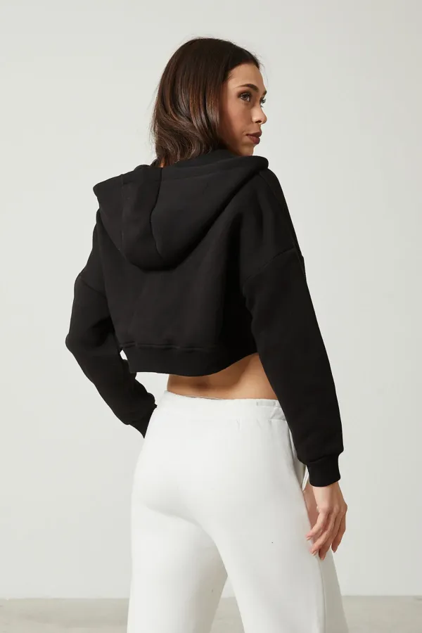 Women's Basic Zip-Up Hooded Crop Sweatshirt with Thick Fleece Lining
