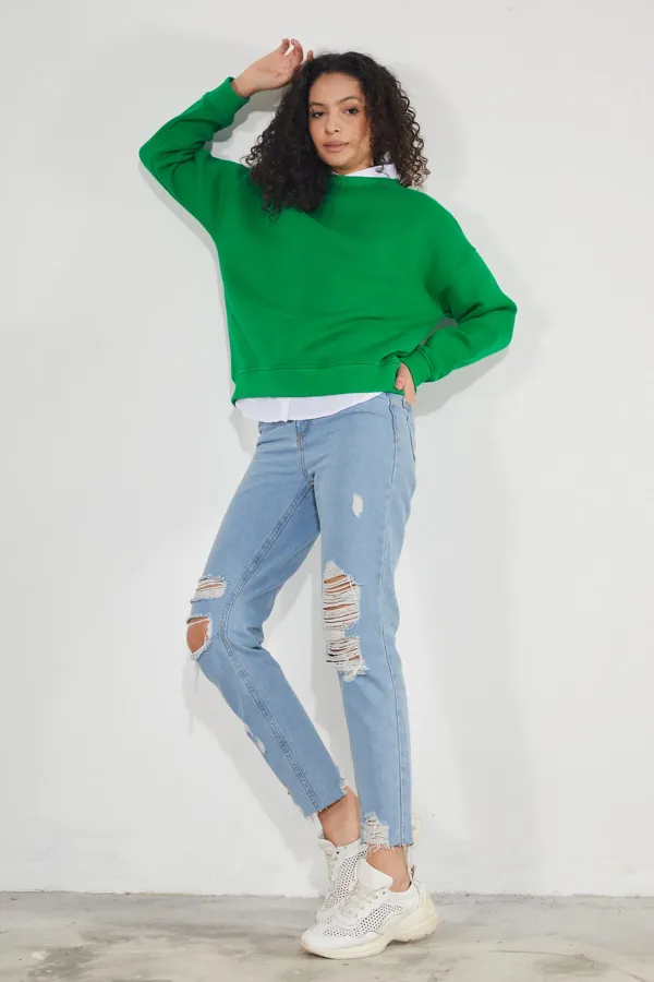 Women's Crew Neck Long Sleeve Basic 3-Thread Brushed Sweatshirt