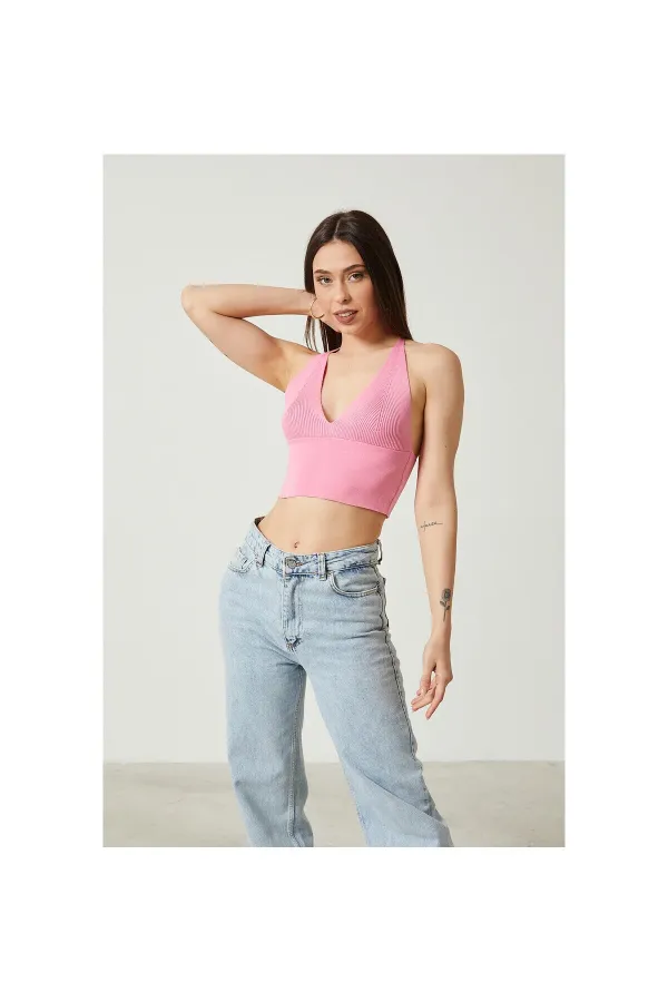 Blouse bustier courte en maille à détail dos pour femme 2D2BW