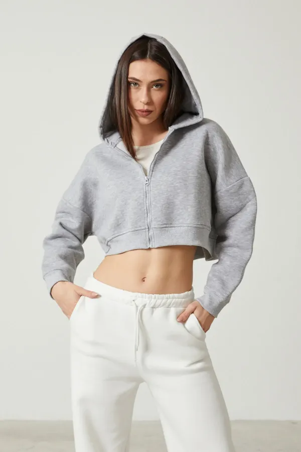 Women's Basic Zip-Up Hooded Crop Sweatshirt with Thick Fleece Lining
