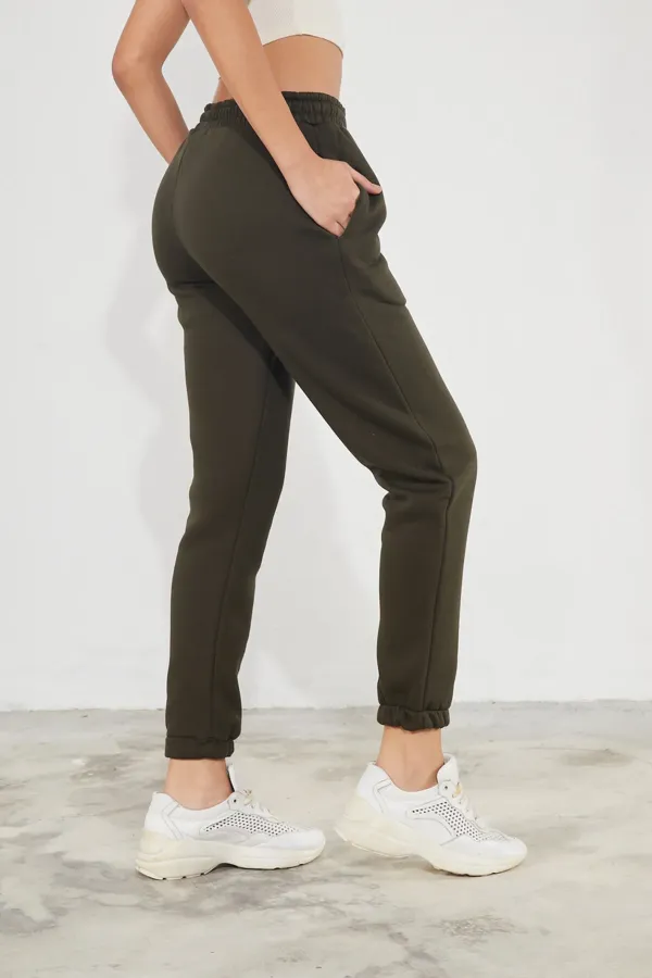 Pantalon de jogging épais en molleton brossé 3 fils pour femme, avec poignets élastiqués