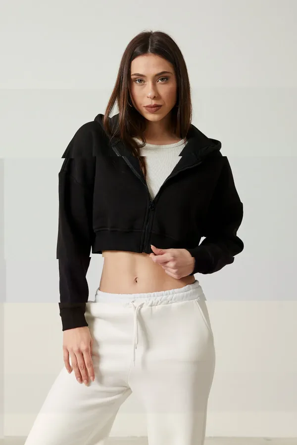 Women's Basic Zip-Up Hooded Crop Sweatshirt with Thick Fleece Lining