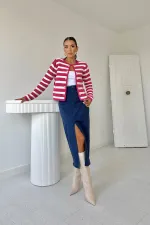 Çizgili ve Düğmeli Triko Kazak