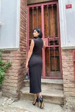 Boydan Fermuarlı Kolsuz Elbise